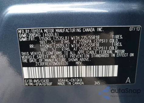 2013 Toyota Rav4 Limited from USA, damaged, VIN 2T3DFREV7DW069326